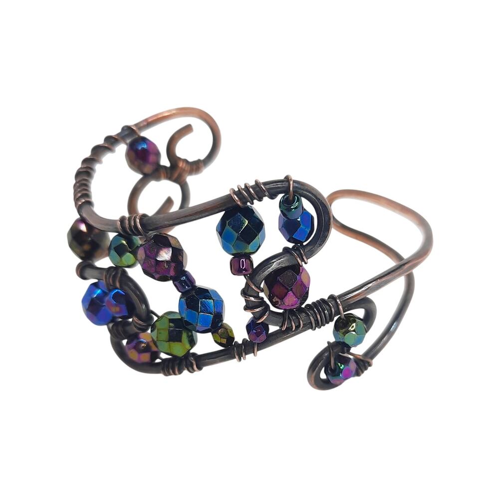 Artisan Copper Wire Cuff Bracelet Faceted Iridescent Glass Beads Adjustable RARE